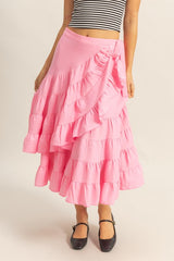 Ruffled Tiered High Waist Midi Skirt HYFVE Pink L
