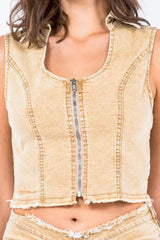 Zip Up Washed Crop Denim Vest American Bazi