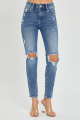 High Rise Medium Wash Knee Distressed Skinny Jeans Risen