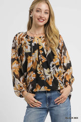 Autumn Leaf Print Balloon Sleeve Blouse Umgee BLACK MIX S