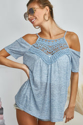 Drop Shoulder Crochet Lace Adjustable Strap Top BiBi Vintage Denim S