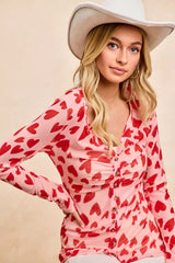 Button Down Heart Printed Mesh Shirt with Ruched Front BiBi