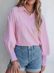 Pinstripe Long Sleeve Smocked Cuffs Button Shirt Collar Blouse Simmer & Fay