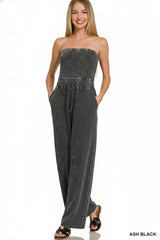 Zenana Acid Washed Strapless Tube Top Jumpsuit Trendsi