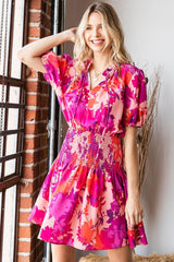 Floral Short Puffed Sleeve Smocked Mini Dress First Love Fuchsia Multi S