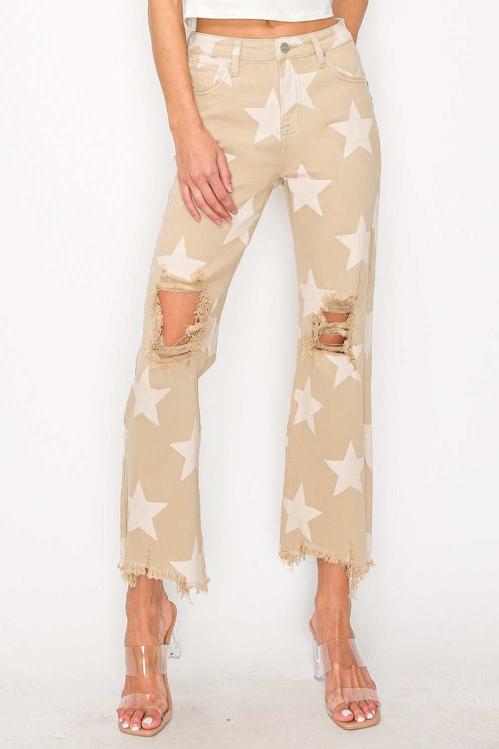 High Rise Star Printed Frayed Hem Jeans Risen Khaki 0(24)