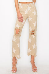 High Rise Star Printed Frayed Hem Jeans Risen Khaki 0(24)