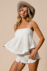 Boho Fringed Hem Smocked Cami Top BiBi