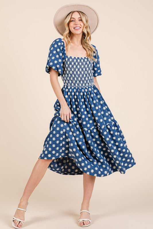 Floral Embroidered Smocked Puff Sleeve Tiered Midi Dress GeeGee Royal Blue S