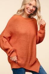 Side Slit Textured Asymmetric Sweater Haptics Pumpkin S