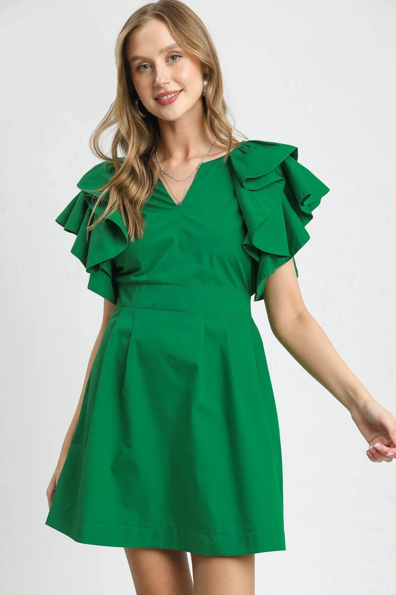 Double Ruffle Sleeve Smocked Fit and Flare Dress Umgee Dark Green S