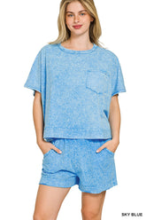 Halo Snow Washed Boxy Top & Shorts Set ZENANA SKY BLUE S