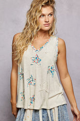 Floral Print Star Patch V-Neck Ribbed Tank POL NATURAL S