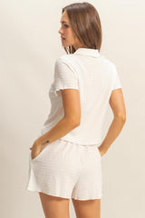Textured Short Sleeve Top and Drawstring Shorts Knit Set HYFVE