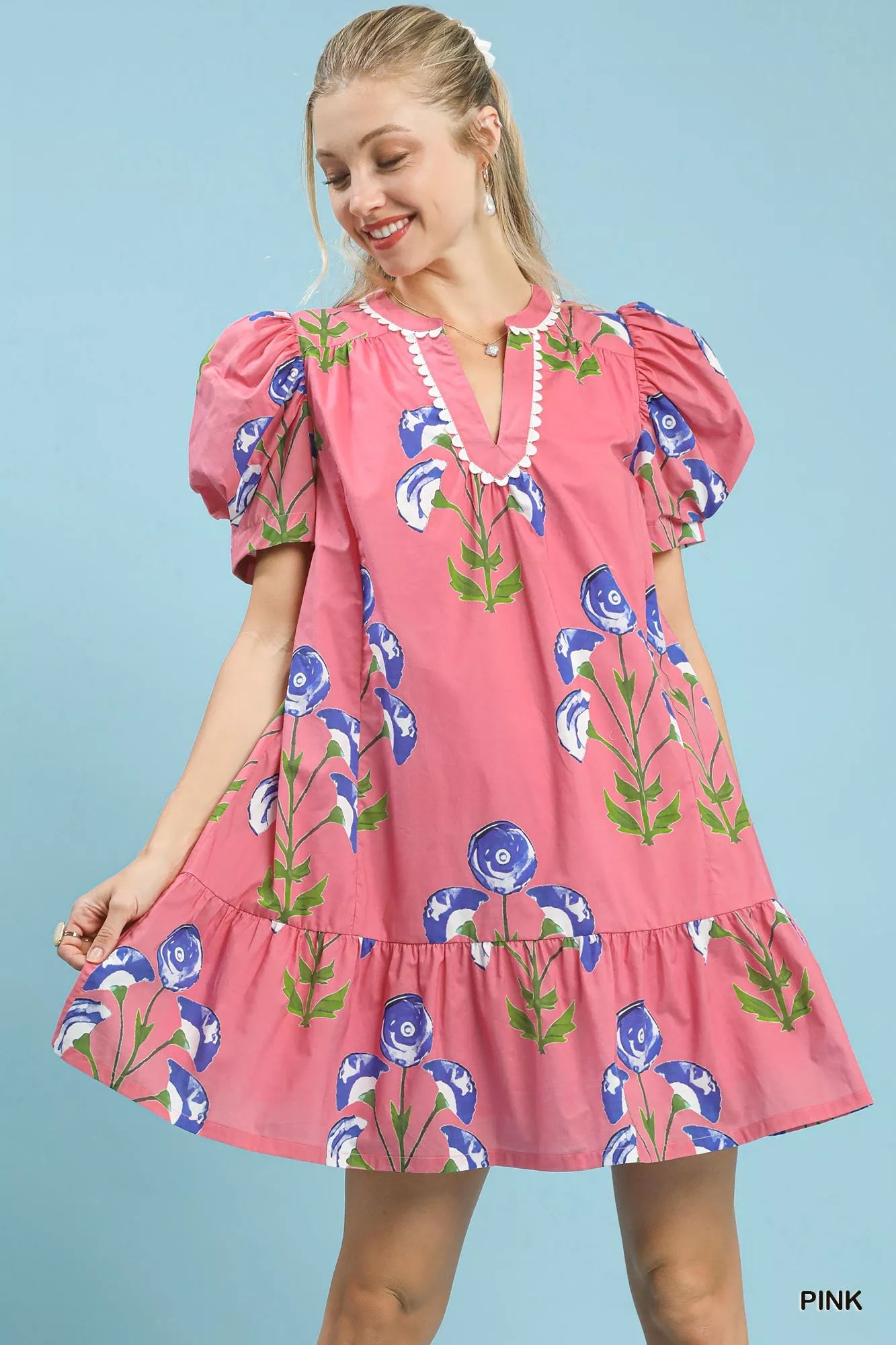 Floral Print Puff Sleeve Mini Dress with Scallop Trim Umgee PINK S