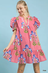 Floral Print Puff Sleeve Mini Dress with Scallop Trim Umgee PINK S