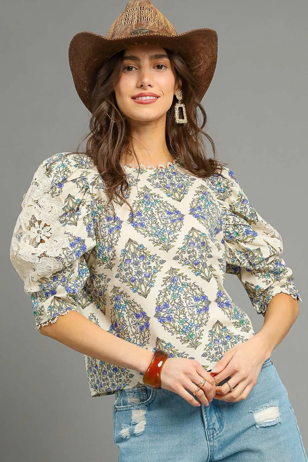 Floral Lace Puff Sleeve Blouse Umgee Cream S