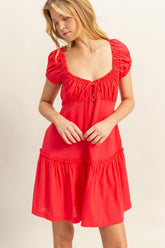 Ruched Frill Tiered Short Sleeve Mini Dress HYFVE Red L
