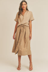 Short Sleeve Top and Button Down Midi Skirt Set Mable