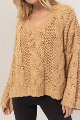 Relaxed Cable Knit V-Neck Sweater HYFVE