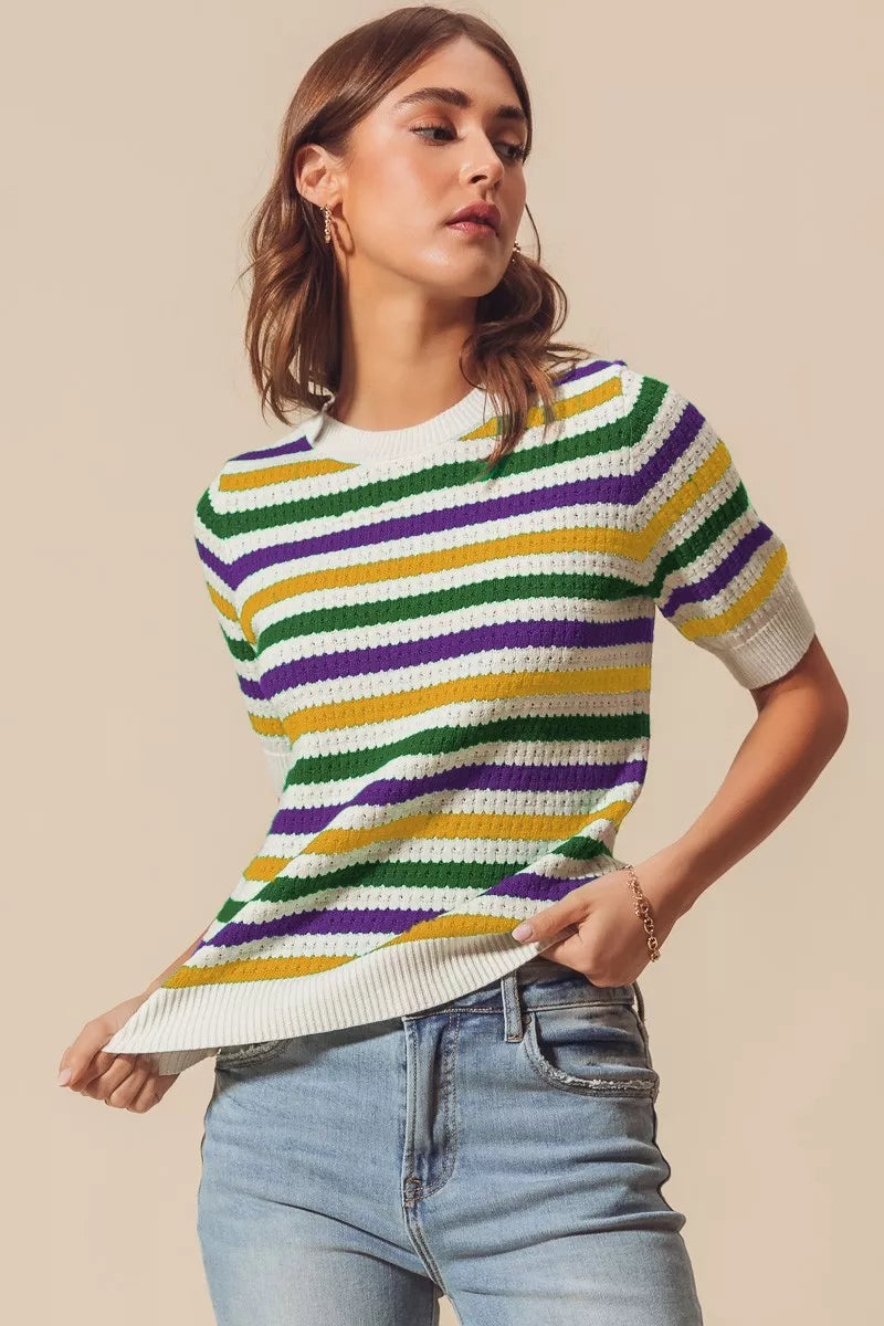 Mardi Gras Crew Neck Stripe Breathable Sweater So Me IVORY S