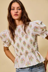 Floral Cotton Smocked Short Sleeves Blouse So Me