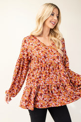 Floral V-Neck Balloon Sleeve Blouse Celeste Rust S