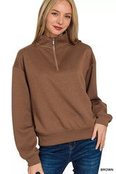 Scuba Half Zip Pullover Sweatshirt ZENANA BROWN S