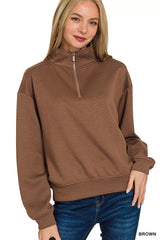 Scuba Half Zip Pullover Sweatshirt ZENANA BROWN S