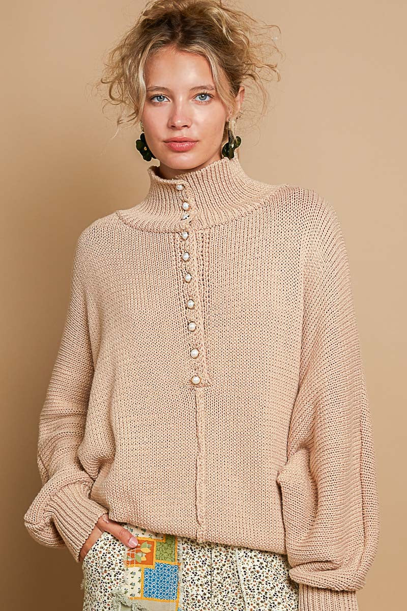 Pearl Detail Turtleneck Long Sleeve Sweater POL Latte S