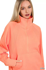 Half Zip Fleece Sweatshirt with kangaroo Pocket ZENANA