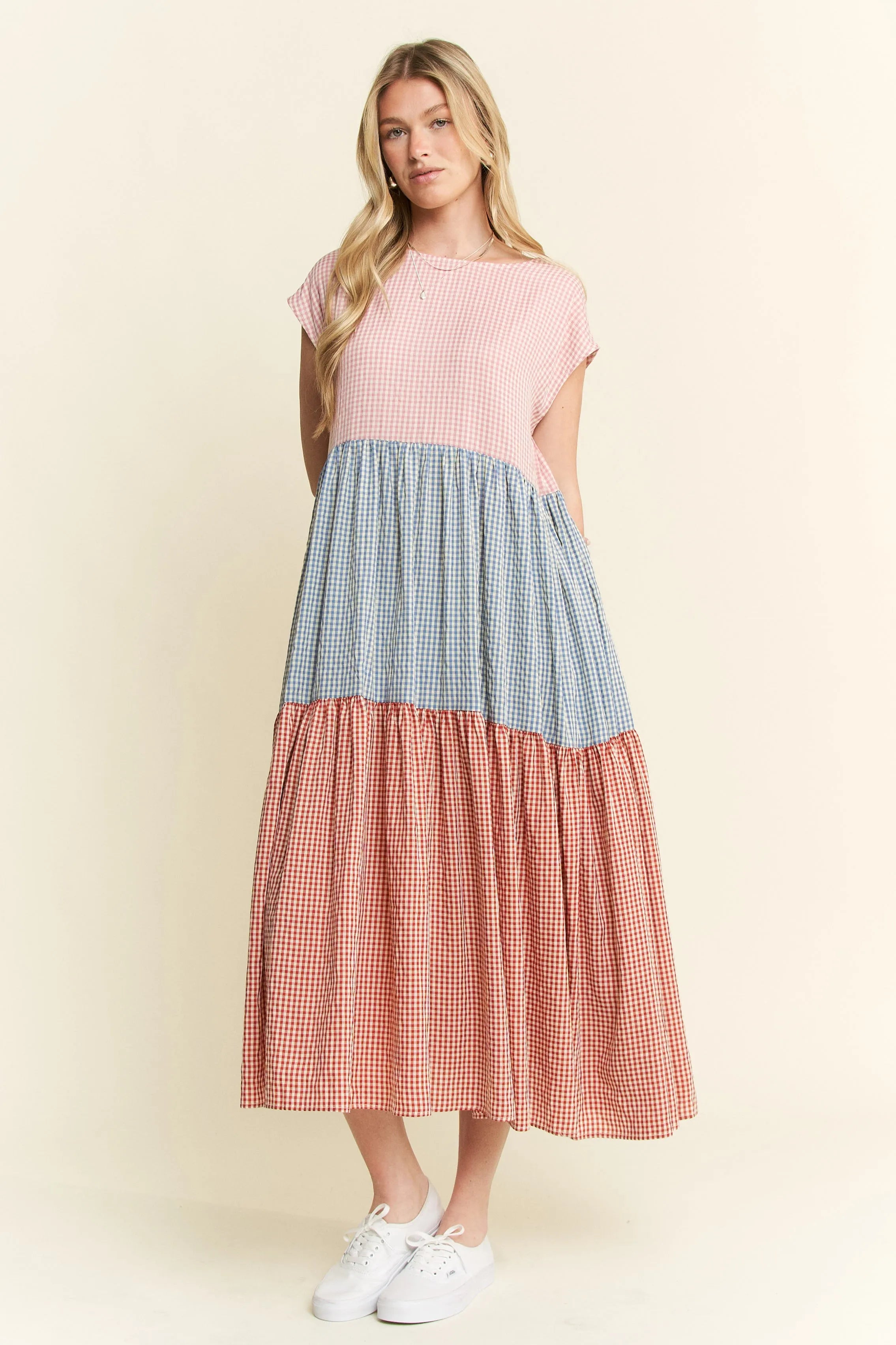 Plaid Color Block Midi Dress With Plus Size Jade By Jane PINK COMBO S