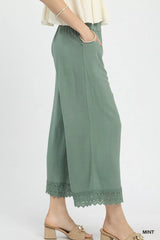 Linen Wide Leg Cropped Pants with Lace Trim Umgee