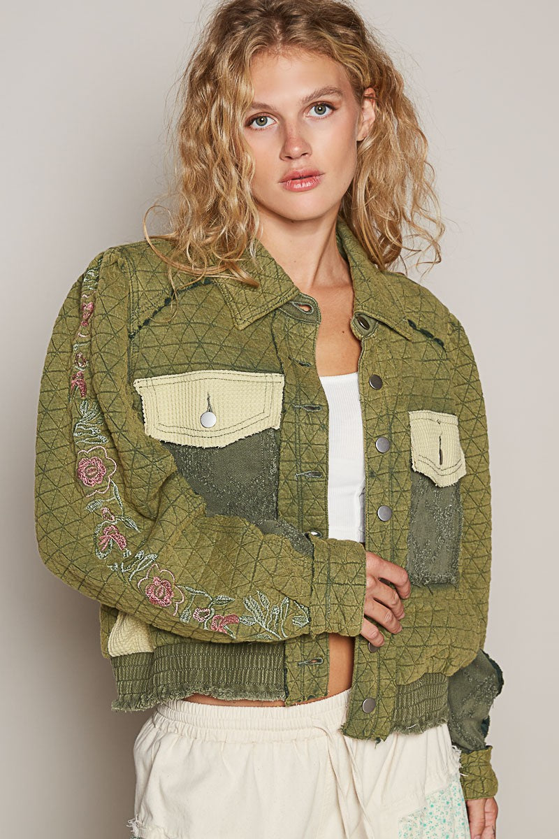 Embroidered Sleeve Raw Edge Quilted Jacket POL Basil Multi S