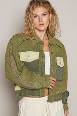 Embroidered Sleeve Raw Edge Quilted Jacket POL Basil Multi S