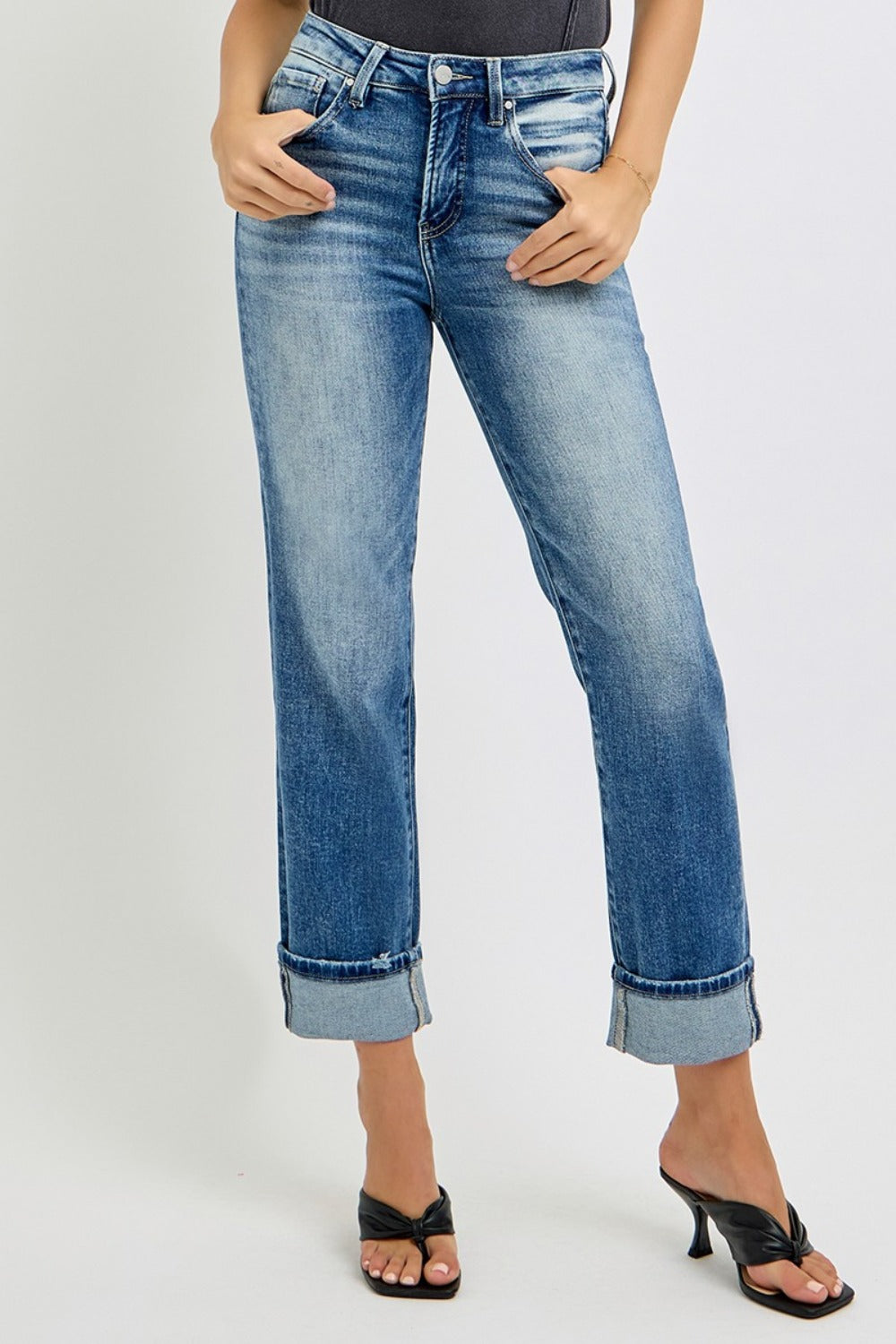 High Rise Crop Straight Roll Up Jeans Risen Medium 0(24)