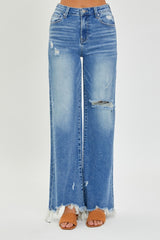 Full Size High Rise Frayed Hem Wide Leg Jeans Risen