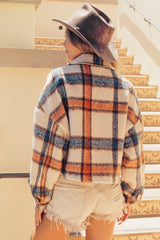Brushed Plaid Crop Jacket with Pockets BiBi