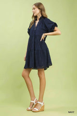 Textured Tiered Ruffle Collar Mini Dress Umgee
