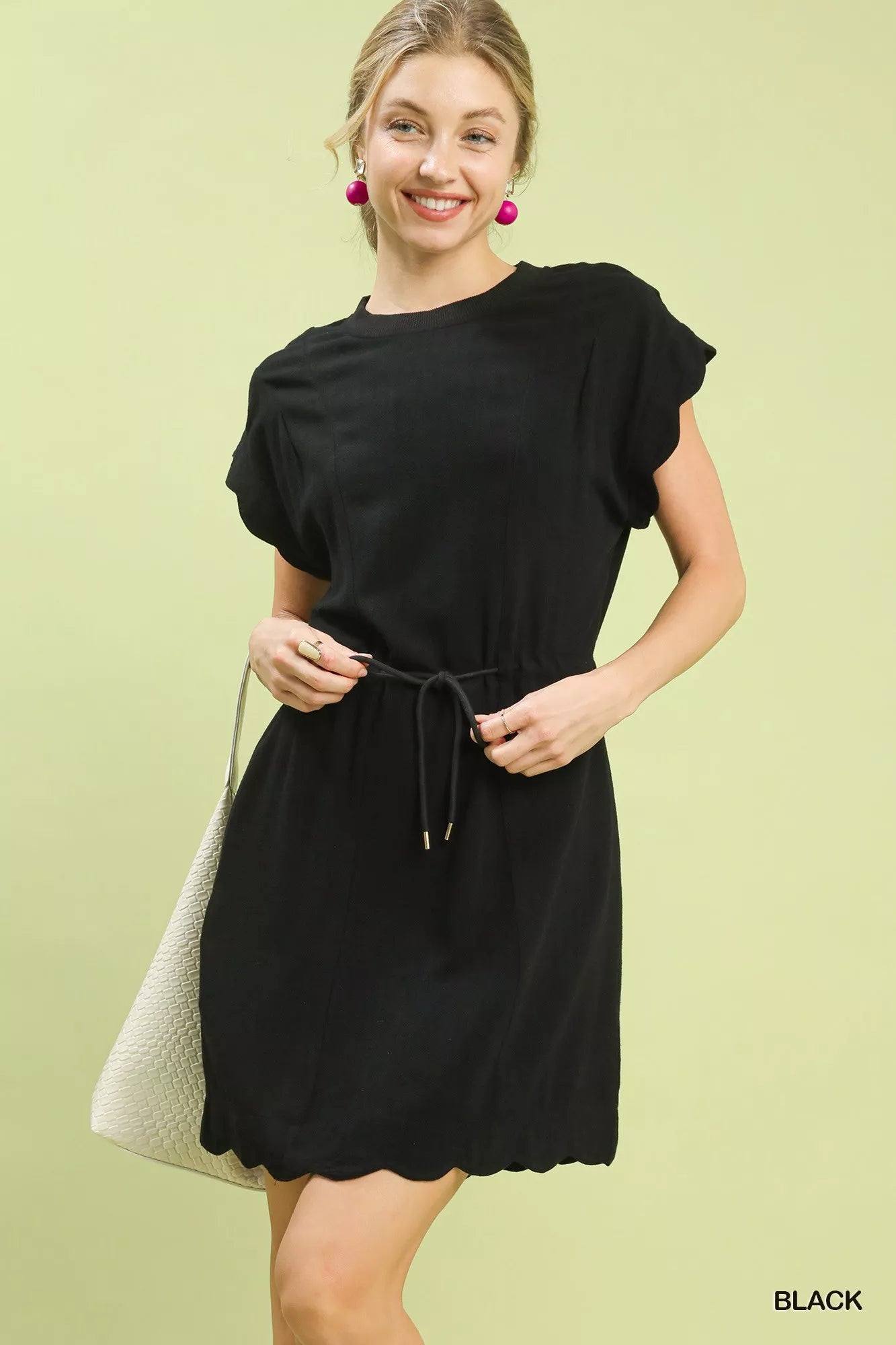 Linen Blend Scallop Hem Mini Dress Trendsi BLACK S