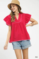 Contrast Trim Babydoll Blouse Umgee Red S