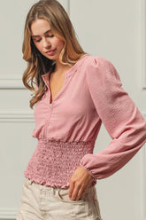 Smocking Waist Band and Puff Sleeves Deep V Neck Top BiBi DUSTY ROSE S