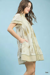Umgee Linen Printed Button-Front Tiered Mini Dress Trendsi