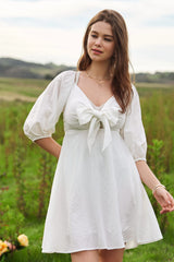 Self-Tie Puff Sleeve Smocking Open Back Mini Dress Davi & Dani