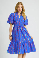 Printed Smocked Midi Dress with Ruffled Hem Umgee Royal Blue S