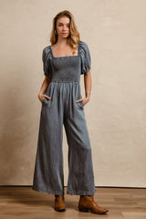 Smocked Washed Puff Sleeve Square Neck Denim Jumpsuit BiBi
