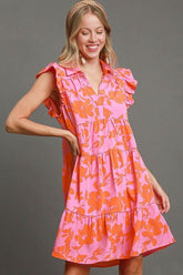 Floral Print Ruffle Cap Sleeve Tiered Dress Umgee PINK/ORANGE S