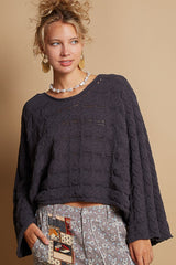 Round Neck Cable Knit Cropped Sweater POL Charcoal S