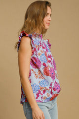 Floral Print Ruffled Cap Sleeve Blouse Umgee