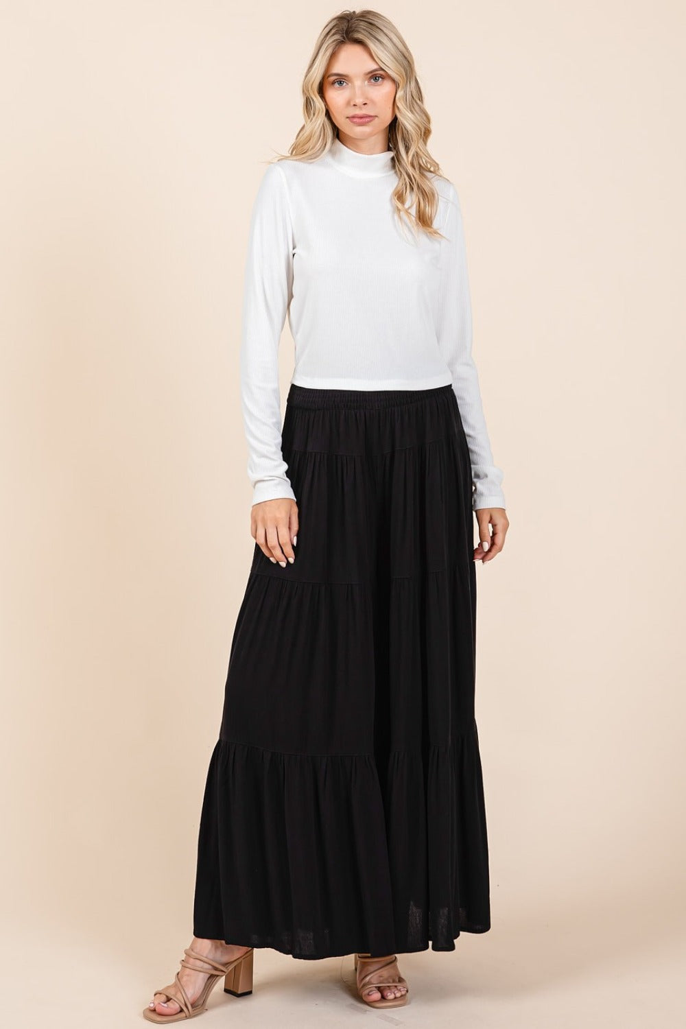 Tier Detail Smocked Elastic Waist Wide Leg Pants Mittoshop Black S